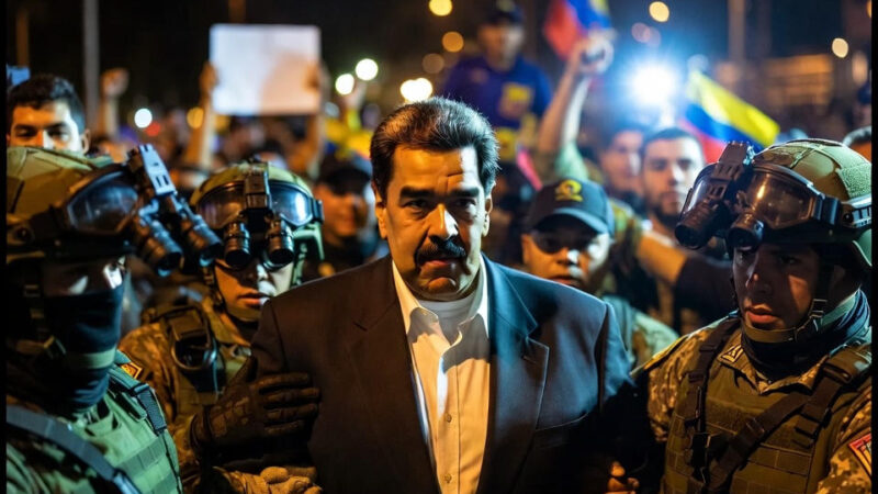 Nicolás Maduro captured by U.S. Delta Force operators during nighttime raid in Caracas, January 3, 2026 AI-generated image created for RockenRoll.com