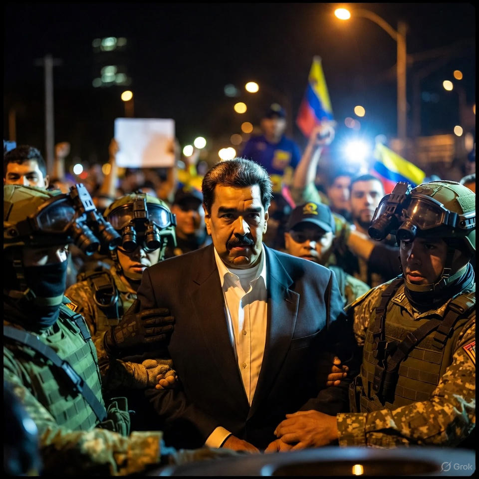 Nicolás Maduro captured by U.S. Delta Force operators during nighttime raid in Caracas, January 3, 2026 AI-generated image created for RockenRoll.com