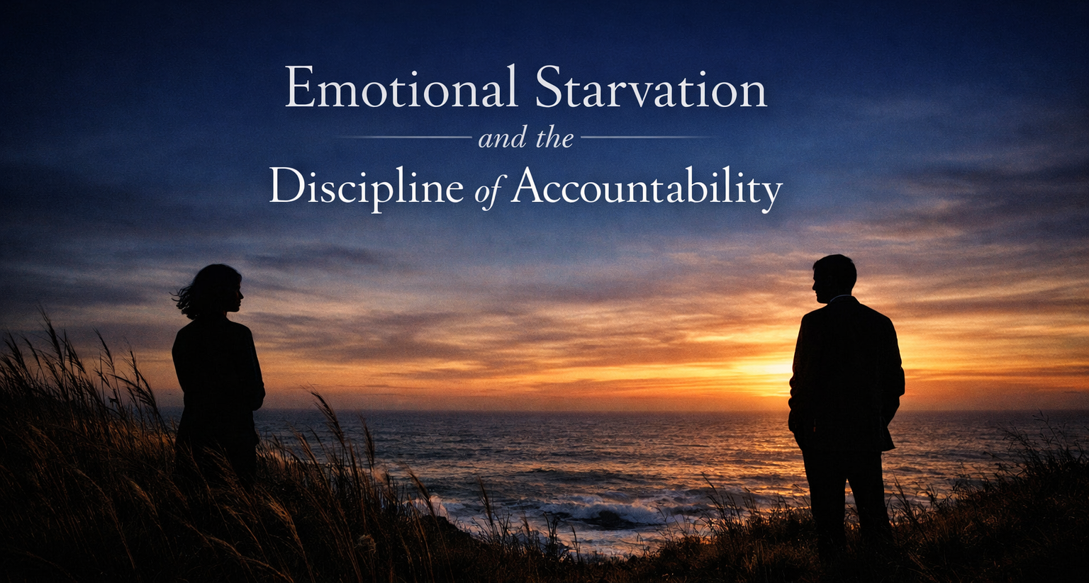 Emotional starvation and accountability in modern relationships symbolized by two adults standing apart overlooking the ocean at dusk