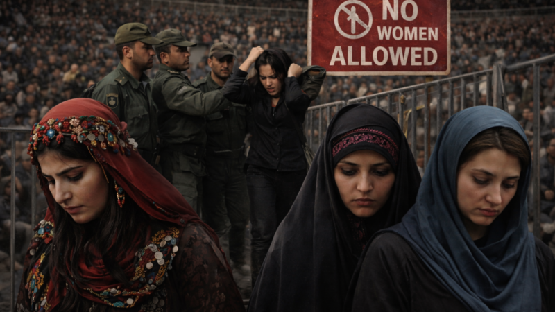 Symbolic representation of layered legal, social, and political restrictions affecting women and minority communities under Iran’s governance structure.