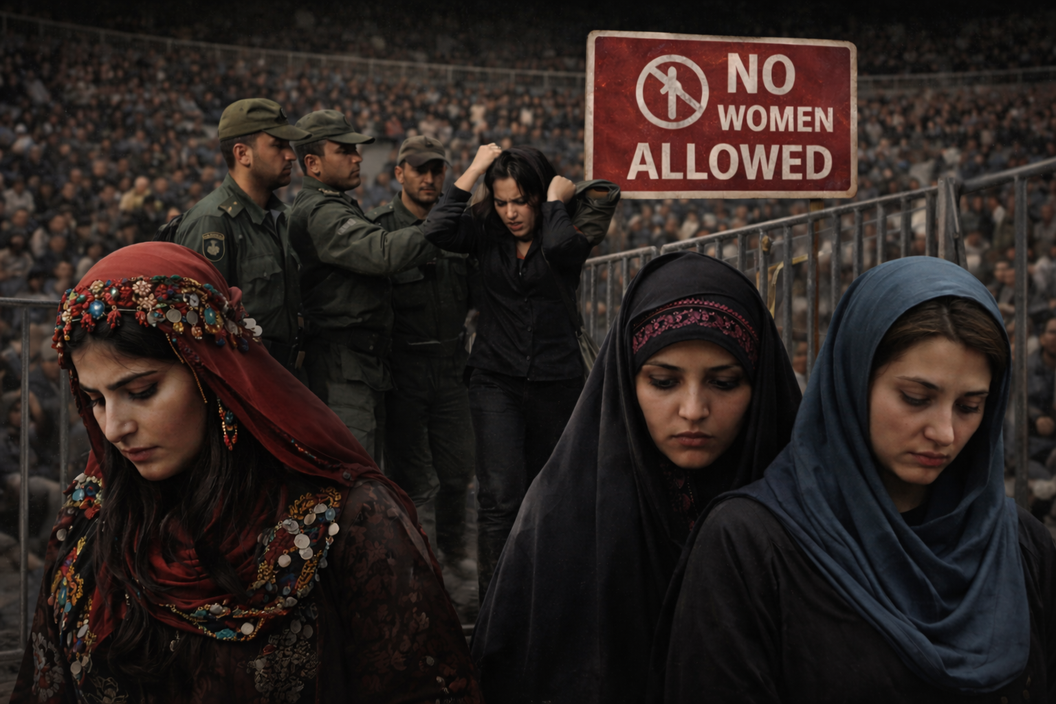 Symbolic representation of layered legal, social, and political restrictions affecting women and minority communities under Iran’s governance structure.