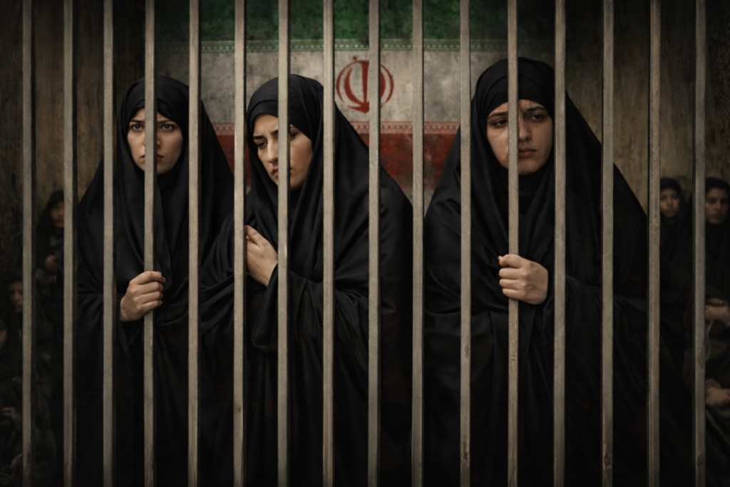Representation of systemic gender discrimination in Iran, highlighting institutional restrictions placed on women under state law and enforcement structures.