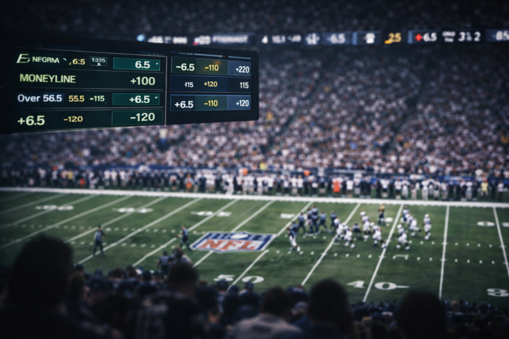 Live NFL game in a packed stadium with digital betting odds displayed prominently above the field.