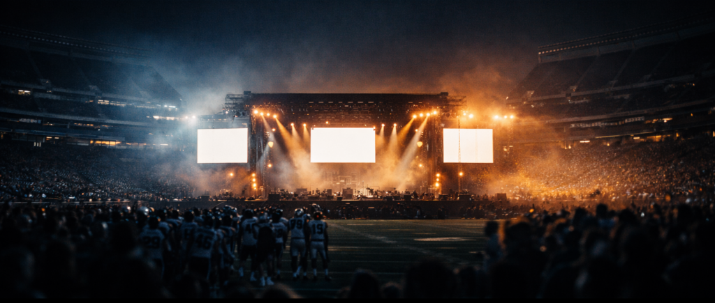 Cinematic landscape view of a Super Bowl halftime show stage during a game, with dramatic lighting and fans in silhouette.