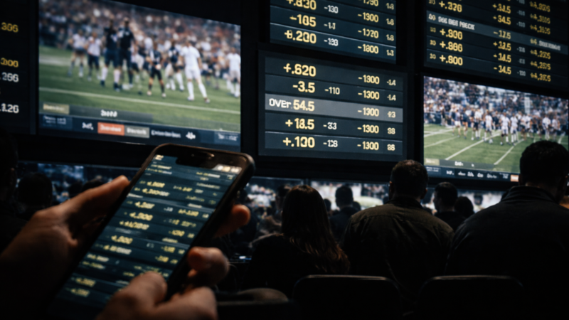 Smartphone screen displaying sports betting odds during a live football broadcast, visually suggesting how audience attention from events like Bad Bunny’s Super Bowl halftime performance is positioned for wagering engagement.