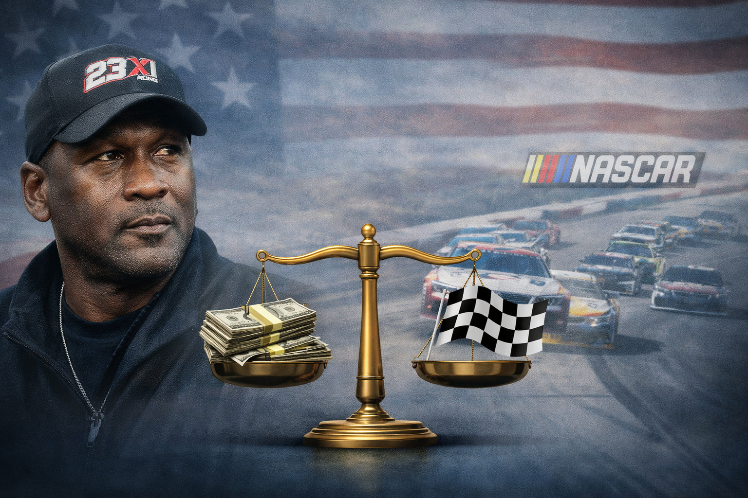 Michael Jordan NASCAR lawsuit concept showing balance between money and racing competition