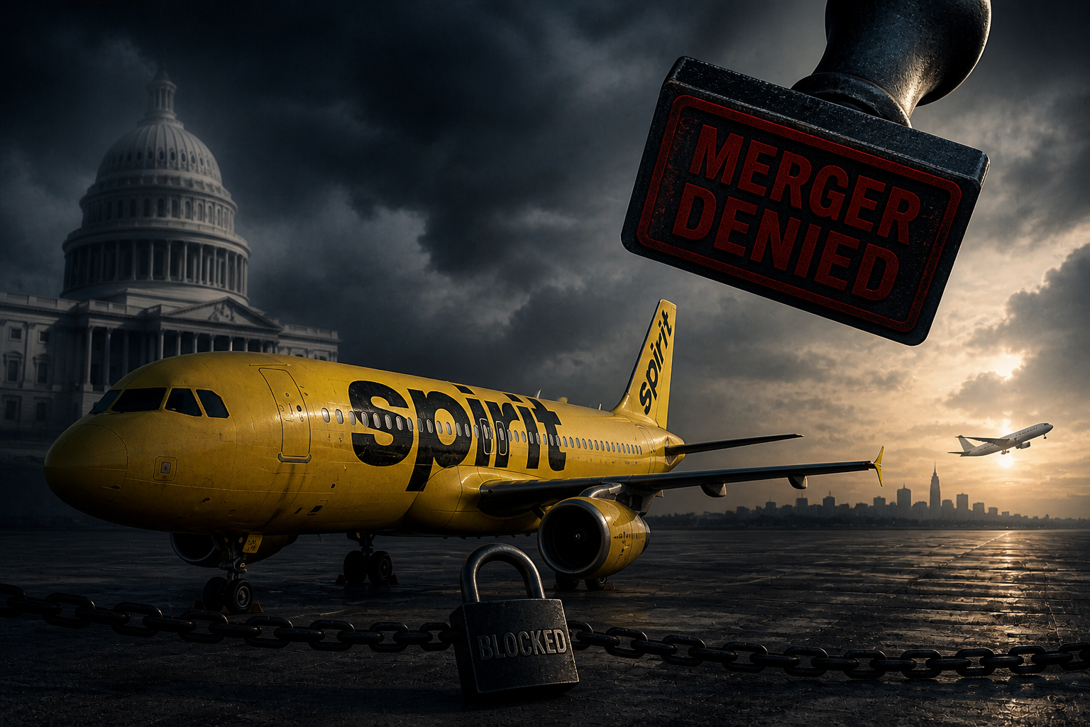 Grounded Spirit Airlines plane with symbolic restrictions and government presence in background