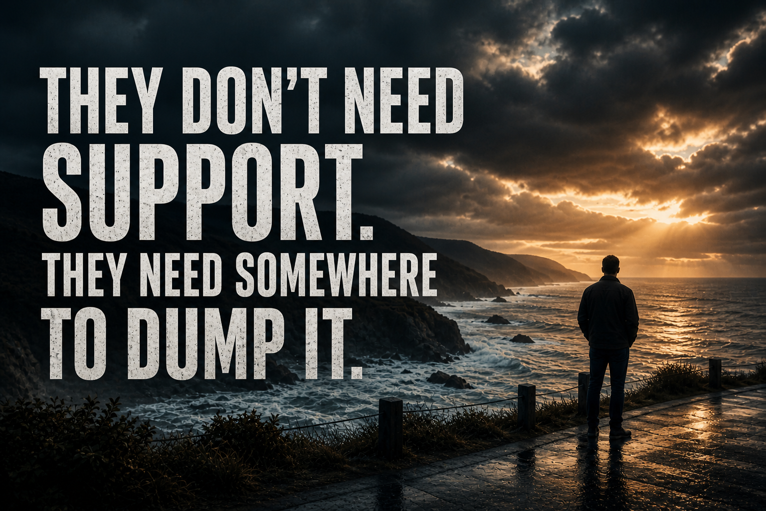 A cinematic coastal scene at sunset showing a lone figure overlooking the ocean with bold text about stress being taken out on a partner in relationships