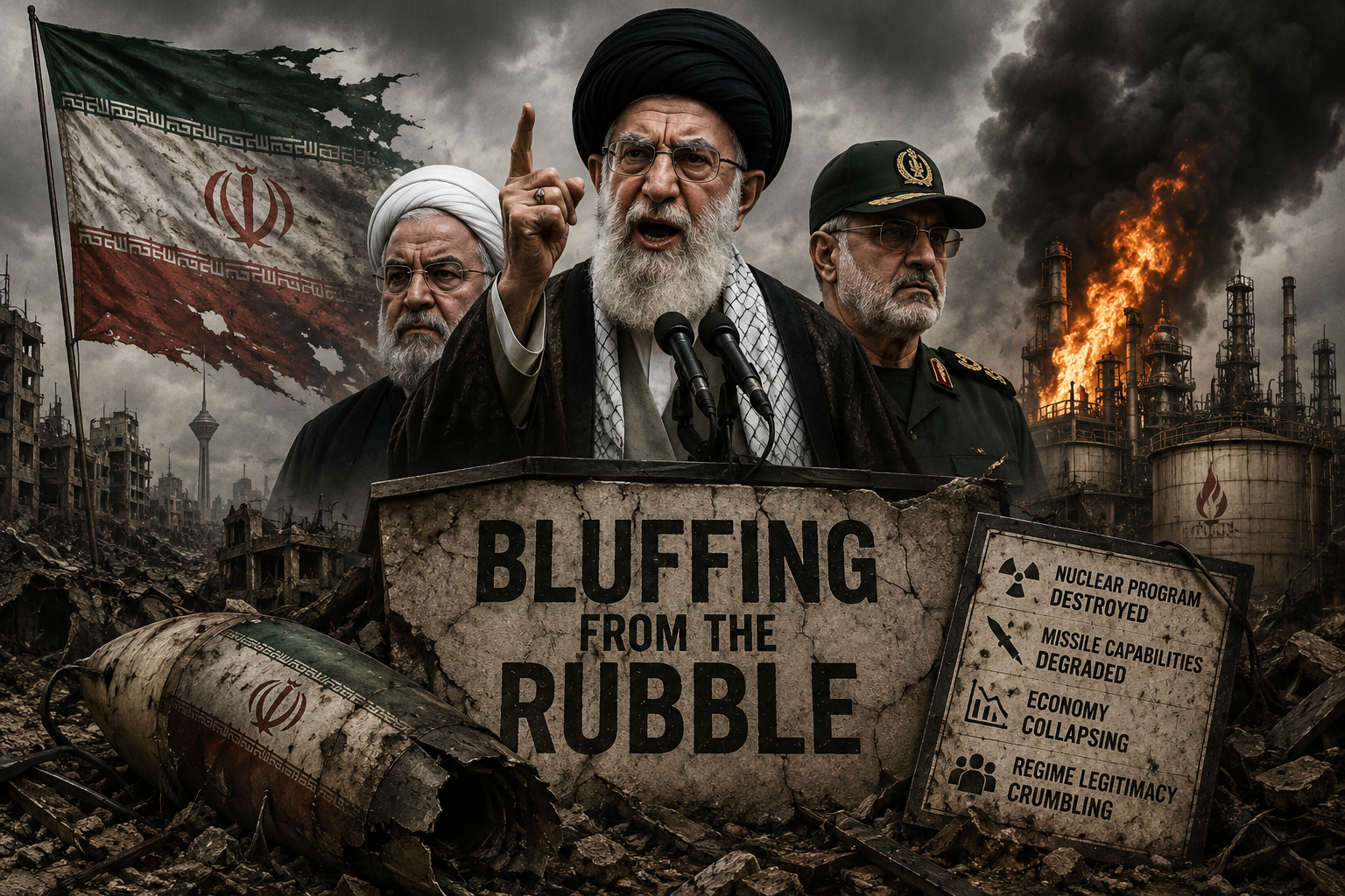 Iranian leadership projecting defiance amid military destruction, economic decline, and regional instability
