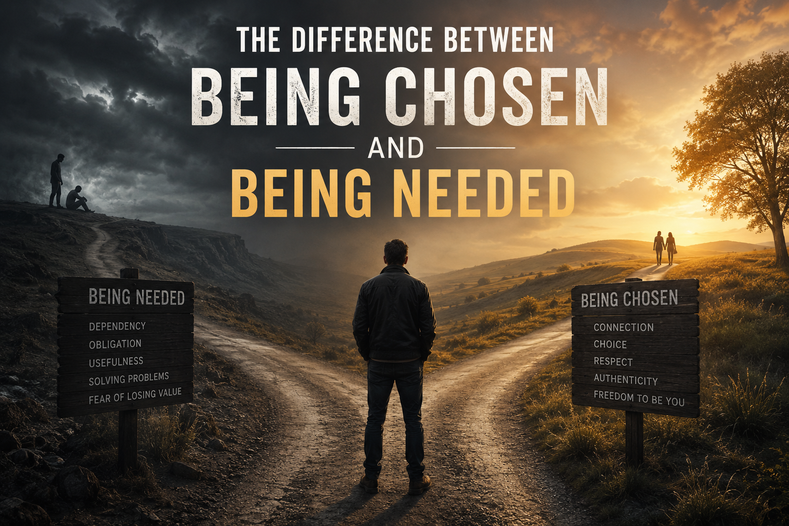 A symbolic crossroads illustrating the difference between being needed for what you provide and being chosen for who you are.
