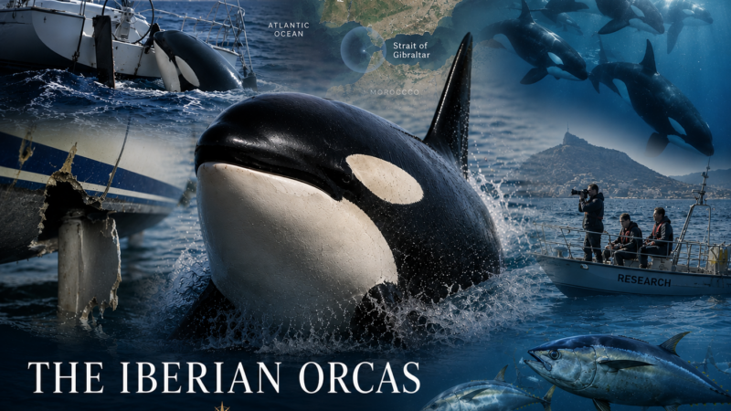 Iberian orcas interacting with sailboats near the Strait of Gibraltar as scientists investigate the mysterious boat attacks that began in 2020.