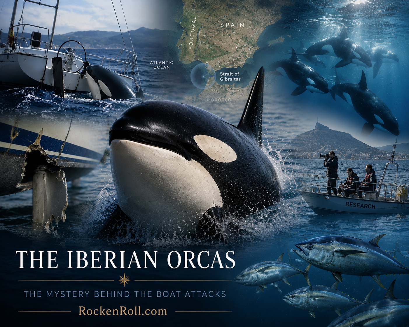 Iberian orcas interacting with sailboats near the Strait of Gibraltar as scientists investigate the mysterious boat attacks that began in 2020.