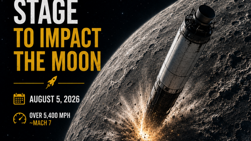 A discarded SpaceX Falcon 9 upper stage hurtles toward the Moon moments before impacting the lunar surface at more than 5,400 mph, creating a massive explosion of dust and debris.