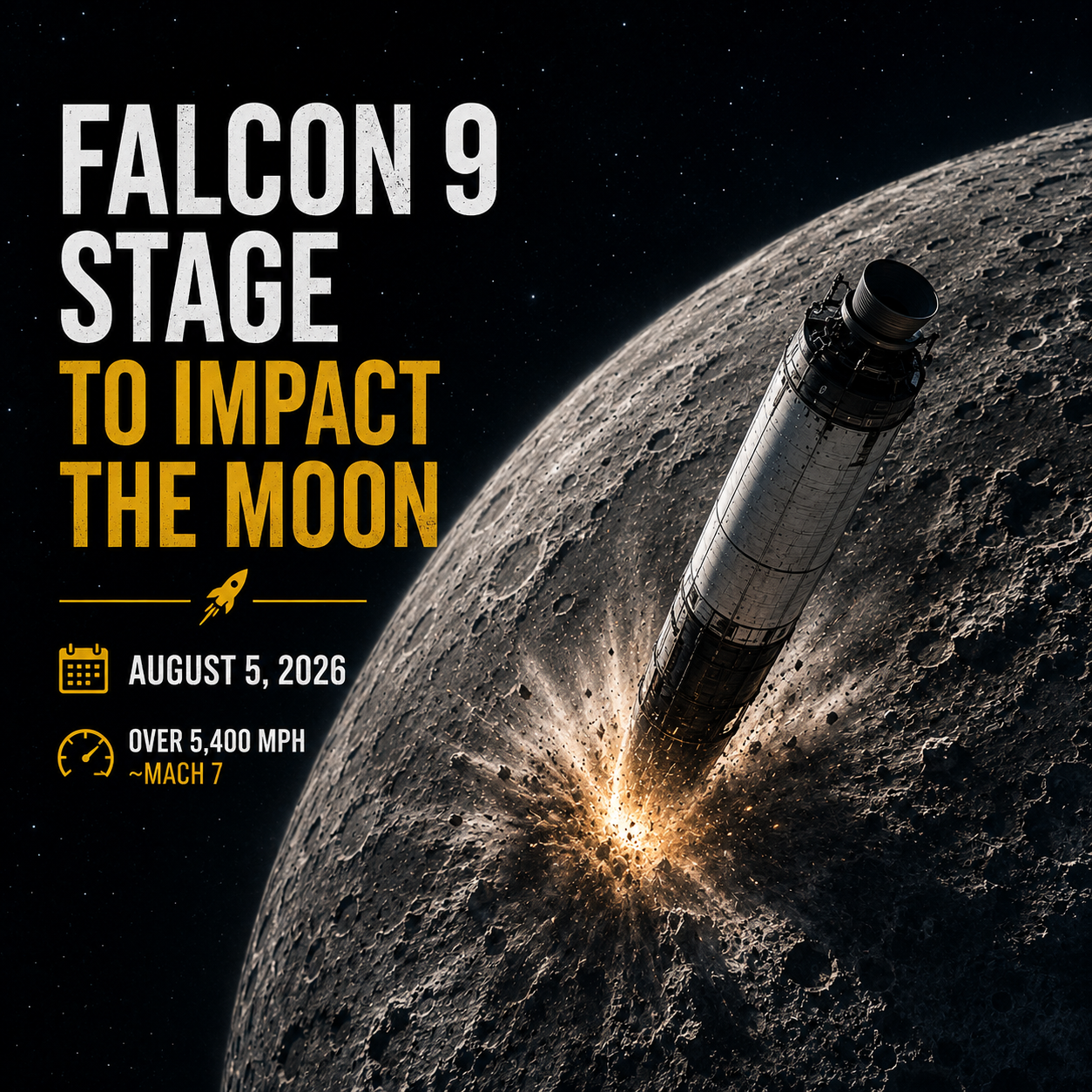 A discarded SpaceX Falcon 9 upper stage hurtles toward the Moon moments before impacting the lunar surface at more than 5,400 mph, creating a massive explosion of dust and debris.