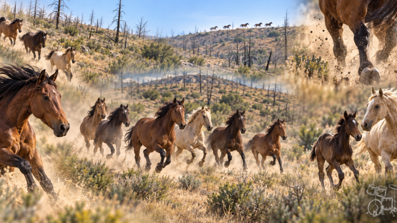 Wild horses running through the fire-scarred landscape of Mesa Verde National Park