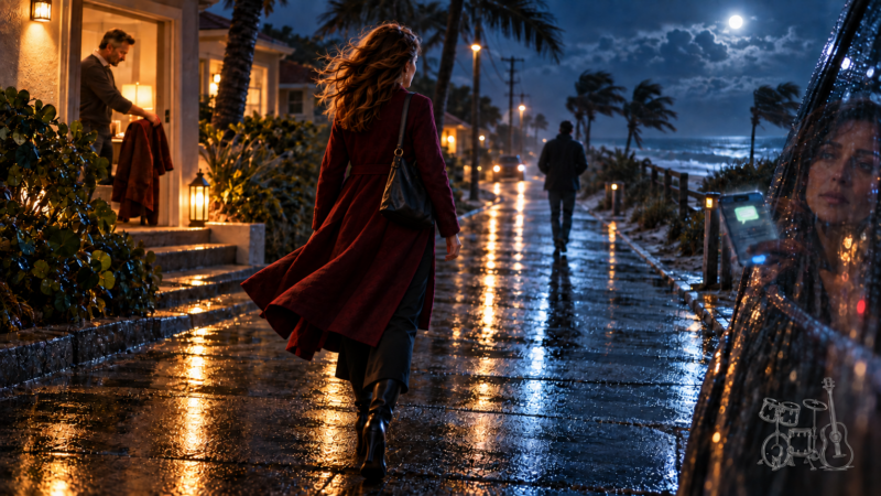 Woman walking away from her husband toward another man on a stormy Central Florida barrier island.