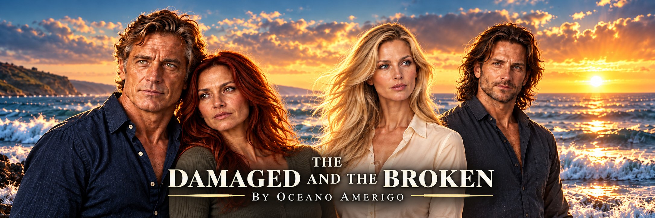 The four main characters of The Damaged and the Broken standing together on the Atlantic coast at sunrise