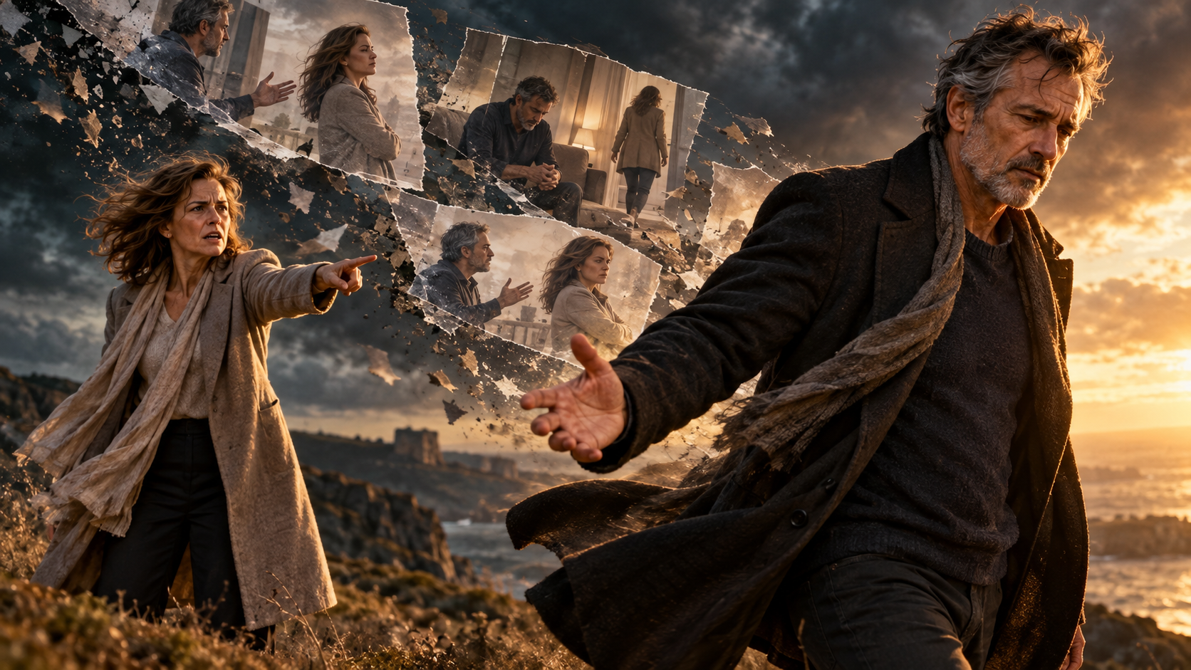 Man walks away as a woman points at him, with fragmented memories showing the emotional mistreatment preceding his reaction.
